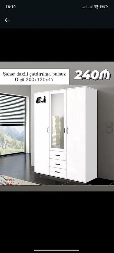 Ağ rəngdə 3 qapılı geyim dolabı - Ölçü: 200 x 120 x 47 sm (şəkildə lalafo.az -da Ağ rəngdə 3 qapılı geyim dolabı - Ölçü: 200 x 120 x 47 sm (şəkildə