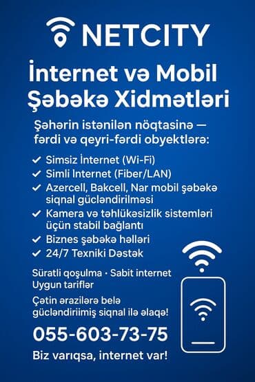 🌐 İnternet və Mobil Şəbəkə Xidmətləri Şəhərin istənilən nöqtəsinə — lalafo.az -da 🌐 İnternet və Mobil Şəbəkə Xidmətləri Şəhərin istənilən nöqtəsinə —
