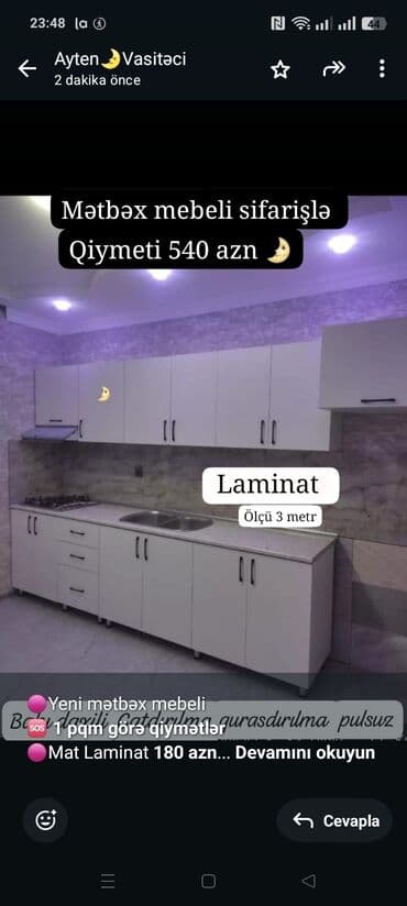🟣Yeni mətbəx mebeli 🆘 *1 pqm görə qiymətlər* 🟣Mat Laminat *180 azn* lalafo.az -da 🟣Yeni mətbəx mebeli 🆘 *1 pqm görə qiymətlər* 🟣Mat Laminat *180 azn*