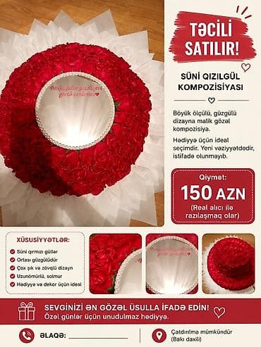 Süni qızılgül kompozisiyası – böyük ölçülü, güzgülü dizaynlı dekor at lalafo.az Süni qızılgül kompozisiyası – böyük ölçülü, güzgülü dizaynlı dekor