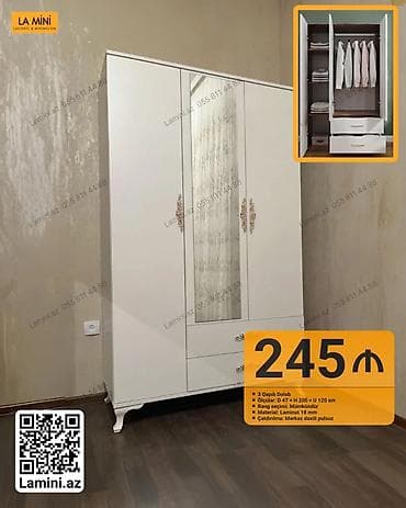 3 двери, С зеркалом, Белый, Другой материал, Распашной, Прямой шкаф at lalafo.az 3 двери, С зеркалом, Белый, Другой материал, Распашной, Прямой шкаф