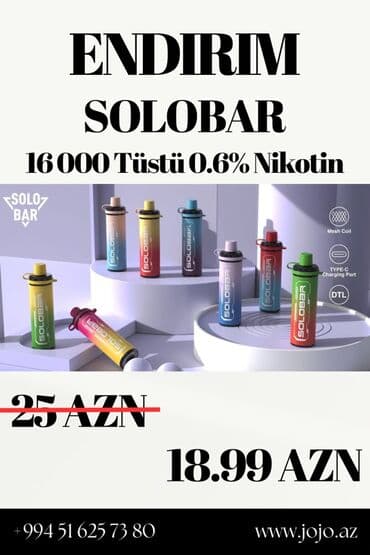 SOLOBAR birdəfəlik elektron siqaret - 16 000 tüstü - Nikotin: 0.6% - lalafo.az -da SOLOBAR birdəfəlik elektron siqaret - 16 000 tüstü - Nikotin: 0.6% -