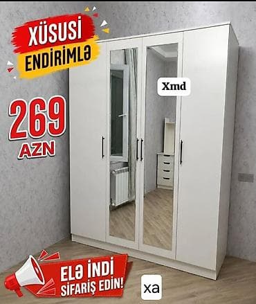 Ağ rəngli 4 qapılı paltar şkafı - İki orta qapıda tam boy güzgü - Düz lalafo.az -da Ağ rəngli 4 qapılı paltar şkafı - İki orta qapıda tam boy güzgü - Düz
