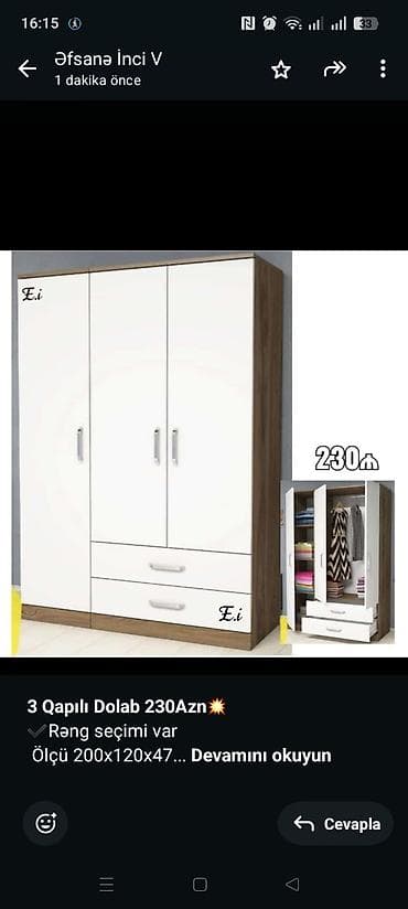 *3 Qapılı Dolab 230Azn💥* ✔️Rəng seçimi var Ölçü 200x120x47 ✔️ *Şəhər lalafo.az -da *3 Qapılı Dolab 230Azn💥* ✔️Rəng seçimi var Ölçü 200x120x47 ✔️ *Şəhər