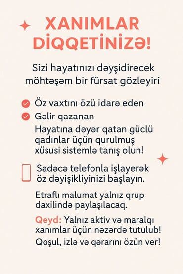 Xanımlar üçün xüsusi qurulmuş inkişaf və gəlir platforması Təsvir: - lalafo.az -da Xanımlar üçün xüsusi qurulmuş inkişaf və gəlir platforması Təsvir: -
