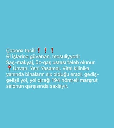 Salon işcisi Çox təcili! Əl işlərinə güvənən, məsuliyyətli saç-makiyaj lalafo.az -da Salon işcisi Çox təcili! Əl işlərinə güvənən, məsuliyyətli saç-makiyaj