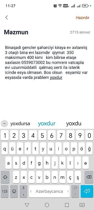 Binəqədi, Gənclər Şəhərciyində kirayə üçün 3 otaqlı bina evi lalafo.az -da Binəqədi, Gənclər Şəhərciyində kirayə üçün 3 otaqlı bina evi