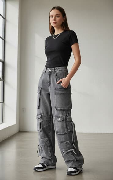 Unisex çoxcibli cargo cins şalvar - Rəng: tünd boz/stone-wash lalafo.az -da Unisex çoxcibli cargo cins şalvar - Rəng: tünd boz/stone-wash