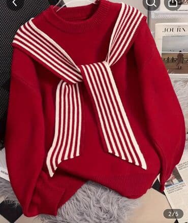 Qırmızı trikotaj sviter – zolaqlı dekor şarf detalı ilə - Rəng lalafo.az -da Qırmızı trikotaj sviter – zolaqlı dekor şarf detalı ilə - Rəng