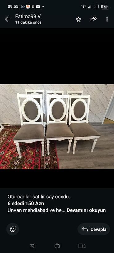 Oturcaqlar satilir say coxdu. *6 ededi 150 Azn* Unvan mehdiabad ve lalafo.az -da Oturcaqlar satilir say coxdu. *6 ededi 150 Azn* Unvan mehdiabad ve