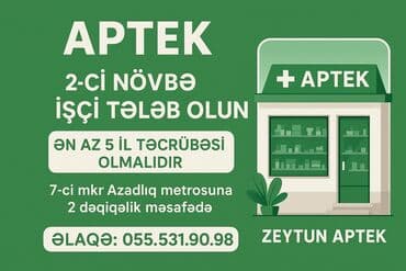 Əczaçı tələb olunur, 6 ildən artıq təcrübə, Növbəli qrafik lalafo.az -da Əczaçı tələb olunur, 6 ildən artıq təcrübə, Növbəli qrafik