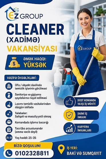 EZ Group – Cleaner (Xadimə) vakansiyası Təsvir: - Ofis və digər lalafo.az -da EZ Group – Cleaner (Xadimə) vakansiyası Təsvir: - Ofis və digər