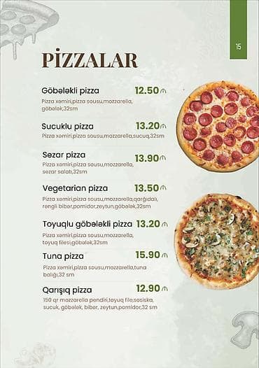 Pizzalar – 32 sm • Göbələkli pizza – 12.50 Tərkibi: pizza xəmiri at lalafo.az Pizzalar – 32 sm • Göbələkli pizza – 12.50 Tərkibi: pizza xəmiri