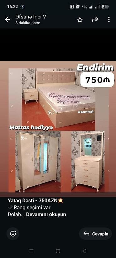 *Yataq Dəsti - 750AZN💥* ✔️Rəng seçimi var Dolab ölçüsü 200x160x47 lalafo.az -da *Yataq Dəsti - 750AZN💥* ✔️Rəng seçimi var Dolab ölçüsü 200x160x47