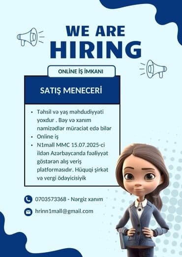 Satış meneceri tələb olunur, İstənilən yaş, Aylıq ödəniş lalafo.az -da Satış meneceri tələb olunur, İstənilən yaş, Aylıq ödəniş