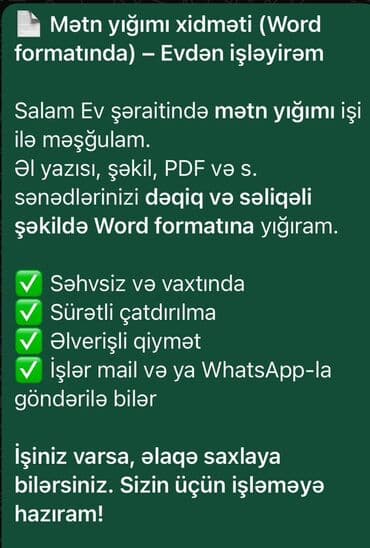 Mətn yığımı xidməti (Word formatında) – Evdən işləyirəm Ev şəraitində lalafo.az -da Mətn yığımı xidməti (Word formatında) – Evdən işləyirəm Ev şəraitində