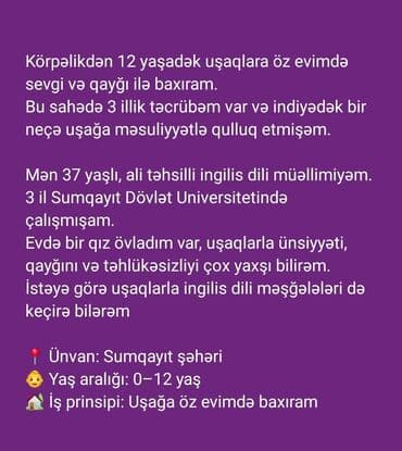 Uşaqlara baxım və inkişaf xidməti - 0–12 yaş arası uşaqlara öz evimdə lalafo.az -da Uşaqlara baxım və inkişaf xidməti - 0–12 yaş arası uşaqlara öz evimdə