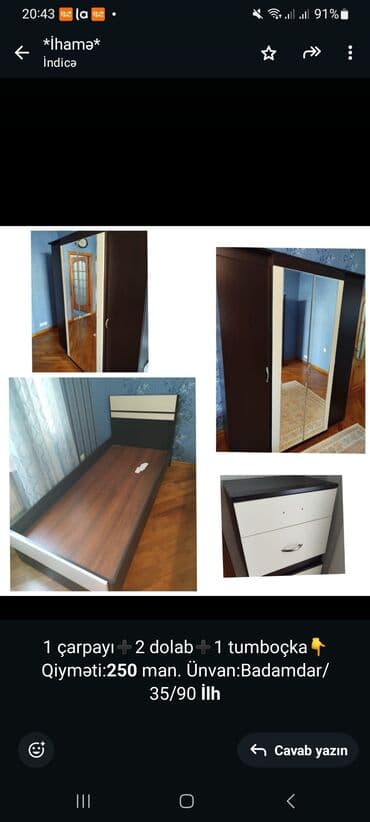 1 çarpayı➕2 dolab➕1 tumboçka👇Qiyməti:*250* man. Ünvan:Badamdar/35/90 lalafo.az -da 1 çarpayı➕2 dolab➕1 tumboçka👇Qiyməti:*250* man. Ünvan:Badamdar/35/90