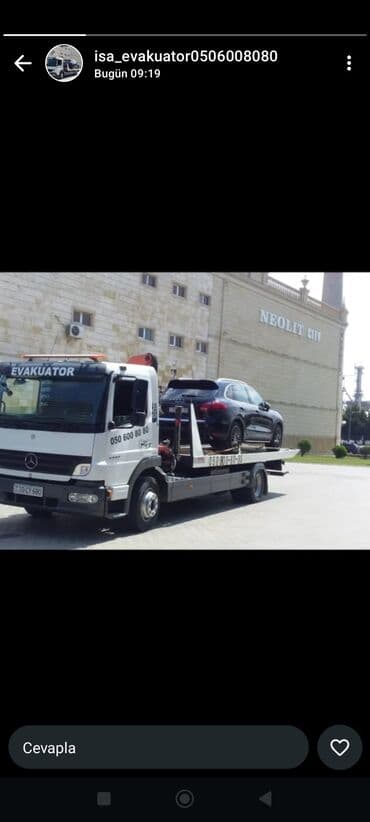Evakuator, Hərəkətli platforma ilə, 9 t, Şəhər daxili, Rayonlara, Beynəlxalq daşımalar lalafo.az -da Evakuator, Hərəkətli platforma ilə, 9 t, Şəhər daxili, Rayonlara, Beynəlxalq daşımalar