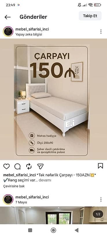 Təknəfərlik çarpayı, Matras ilə, Siyirməsiz lalafo.az -da Təknəfərlik çarpayı, Matras ilə, Siyirməsiz