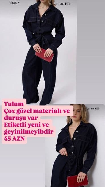 Denim tulum - Rəng: tünd göy (dark denim) - Model: uzunqol, döş lalafo.az -da Denim tulum - Rəng: tünd göy (dark denim) - Model: uzunqol, döş