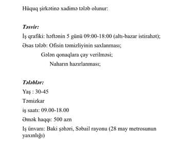 Xadimə tələb olunur, 30-45 yaş, 5/2, Aylıq ödəniş lalafo.az -da Xadimə tələb olunur, 30-45 yaş, 5/2, Aylıq ödəniş