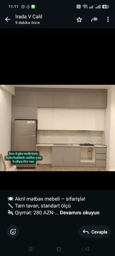 🍽️ Akril mətbəx mebeli – sifarişlə! 📏 Tam tavan, standart ölçü 💸 lalafo.az -da 🍽️ Akril mətbəx mebeli – sifarişlə! 📏 Tam tavan, standart ölçü 💸