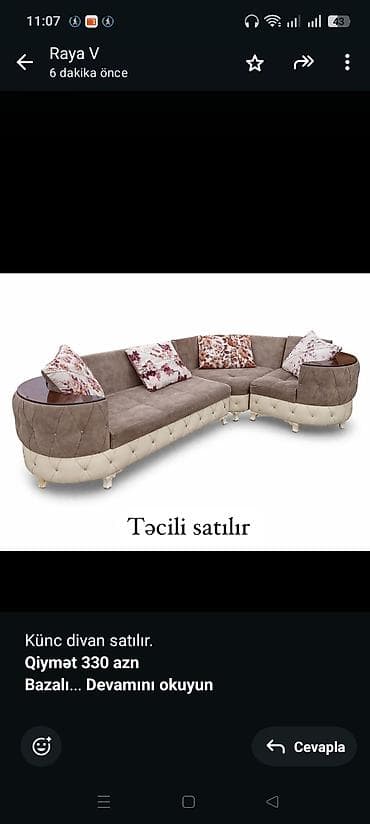Künc divan satılır. *Qiymət 330 azn* *Bazalı* Ölçüləri: 2.60 m × 1.78 lalafo.az -da Künc divan satılır. *Qiymət 330 azn* *Bazalı* Ölçüləri: 2.60 m × 1.78