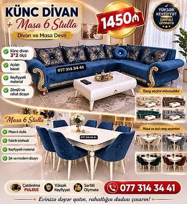 Künc divan + masa və 6 stuldan ibarət dəst Xüsusiyyətlər: - Künc lalafo.az -da Künc divan + masa və 6 stuldan ibarət dəst Xüsusiyyətlər: - Künc