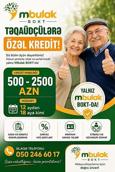 MBulak BOKT – TƏQAÜDÇÜLƏRƏ ÖZƏL KREDİT - Kredit məbləği: 500 – 2500 lalafo.az -da MBulak BOKT – TƏQAÜDÇÜLƏRƏ ÖZƏL KREDİT - Kredit məbləği: 500 – 2500