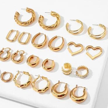 Qızılı rəngdə sırğa dəsti – çoxçeşidli halqa və fiqurlu modellər lalafo.az -da Qızılı rəngdə sırğa dəsti – çoxçeşidli halqa və fiqurlu modellər