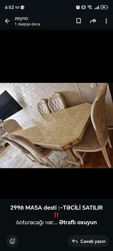 Yemək otağı üçün klassik üslubda masa dəsti. - Komplekt: masa + 6 at lalafo.az Yemək otağı üçün klassik üslubda masa dəsti. - Komplekt: masa + 6
