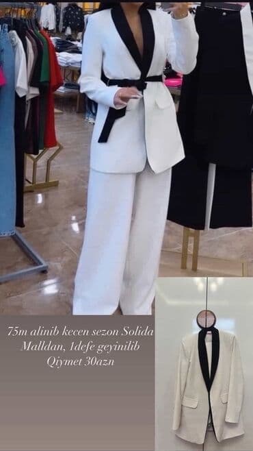 Ağ rəngli qadın blezeri – qara şal yaxalı, beldən qara kəmərlə lalafo.az -da Ağ rəngli qadın blezeri – qara şal yaxalı, beldən qara kəmərlə