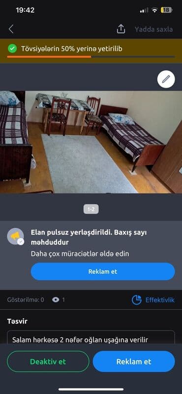 Kirayə üçün otaq - 2 ayrı tək çarpayılı otaq - Stol və 3 ədəd stul - lalafo.az -da Kirayə üçün otaq - 2 ayrı tək çarpayılı otaq - Stol və 3 ədəd stul -