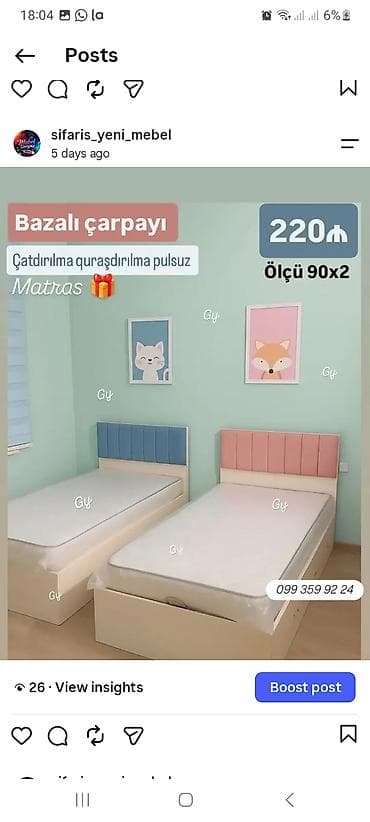 Bazalı çarpayı – ölçü 90x200. - Başlıq: yumşaq, rəngli parçalı başlıq at lalafo.az Bazalı çarpayı – ölçü 90x200. - Başlıq: yumşaq, rəngli parçalı başlıq