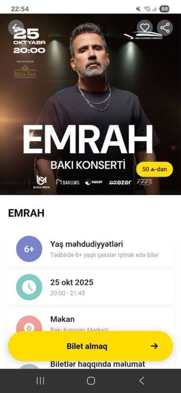 Emrahın konsertine yaxşı yerlere 3 eded bilet var. Öz qiymeti 130 lalafo.az -da Emrahın konsertine yaxşı yerlere 3 eded bilet var. Öz qiymeti 130