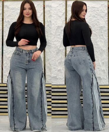 Qadınlar üçün yüksək belli, geniş kəsimli cins şalvar. Olcu 26. - lalafo.az -da Qadınlar üçün yüksək belli, geniş kəsimli cins şalvar. Olcu 26. -