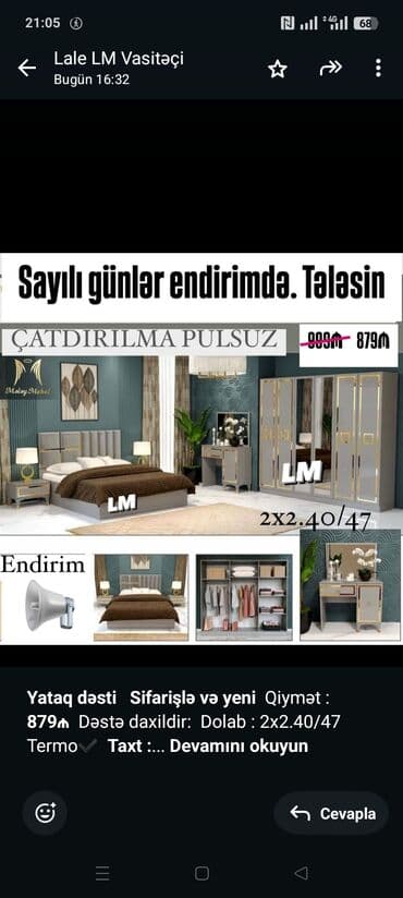 *Yataq dəsti* *Sifarişlə və yeni* Qiymət : *879₼* Dəstə daxildir lalafo.az -da *Yataq dəsti* *Sifarişlə və yeni* Qiymət : *879₼* Dəstə daxildir