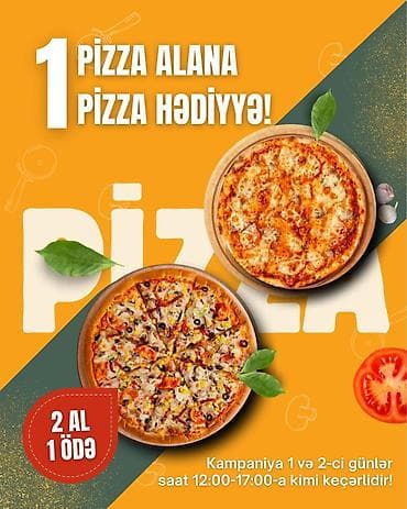 Kampaniya: 1 pizza alana 1 pizza hədiyyə! - Şüar: “2 al, 1 ödə” - lalafo.az -da Kampaniya: 1 pizza alana 1 pizza hədiyyə! - Şüar: “2 al, 1 ödə” -