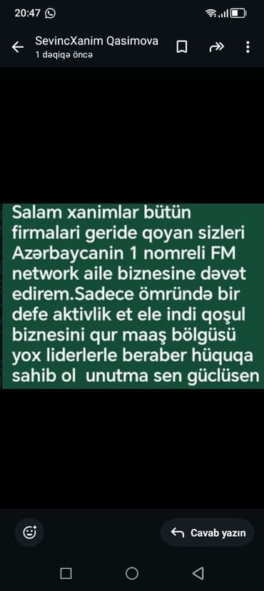 FM Network ailə biznesinə qoşulma imkanı Xanımlar üçün təklif lalafo.az -da FM Network ailə biznesinə qoşulma imkanı Xanımlar üçün təklif