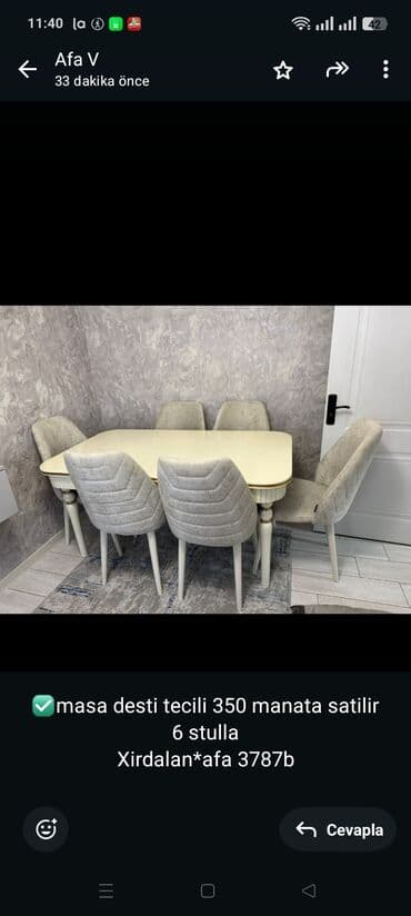 ✅masa desti tecili 350 manata satilir 6 stulla
Xirdalan*afa 3787b lalafo.az -da ✅masa desti tecili 350 manata satilir 6 stulla
Xirdalan*afa 3787b