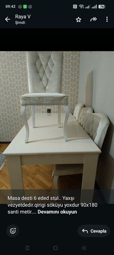 Masa desti 6 eded stul. Yaxşı vezyetdedir.qirigi söküyu yoxdur 90x180 lalafo.az -da Masa desti 6 eded stul. Yaxşı vezyetdedir.qirigi söküyu yoxdur 90x180