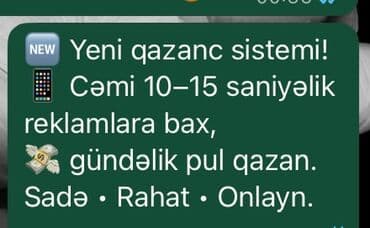Yeni qazanc sistemi – onlayn reklam izləmə ilə gündəlik gəlir! - 10–15 lalafo.az -da Yeni qazanc sistemi – onlayn reklam izləmə ilə gündəlik gəlir! - 10–15