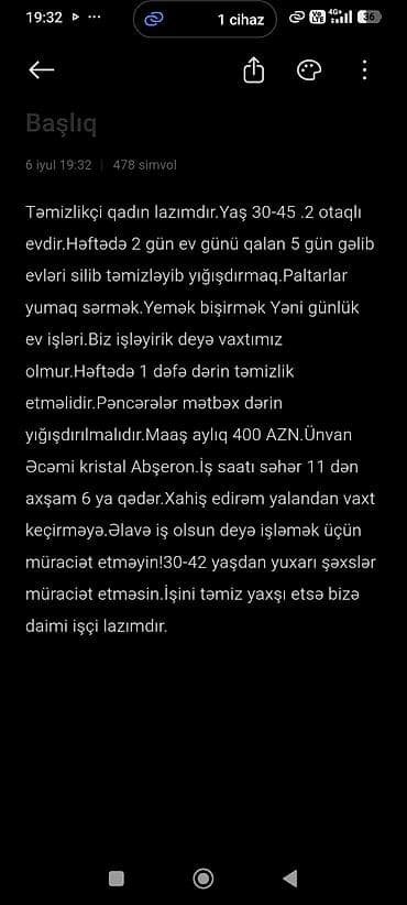 Ev köməkçisi tələb olunur, 5/2, Aylıq ödəniş lalafo.az -da Ev köməkçisi tələb olunur, 5/2, Aylıq ödəniş