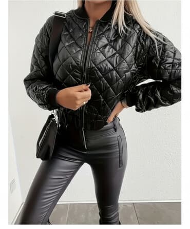 Qadınlar üçün qara quilted bomber gödəkçə - Material: parıldayan lalafo.az -da Qadınlar üçün qara quilted bomber gödəkçə - Material: parıldayan