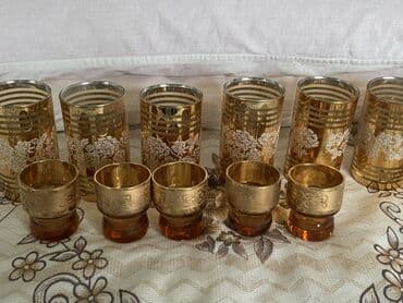 Qızılı naxışlı stəkan və şirniyyat qabı dəsti - 7 ədəd hündür şüşə lalafo.az -da Qızılı naxışlı stəkan və şirniyyat qabı dəsti - 7 ədəd hündür şüşə