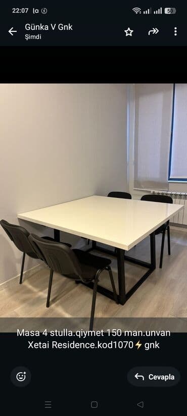 Masa 4 stulla.qiymet 150 man.unvan Xetai Residence.kod1070⚡gnk lalafo.az -da Masa 4 stulla.qiymet 150 man.unvan Xetai Residence.kod1070⚡gnk