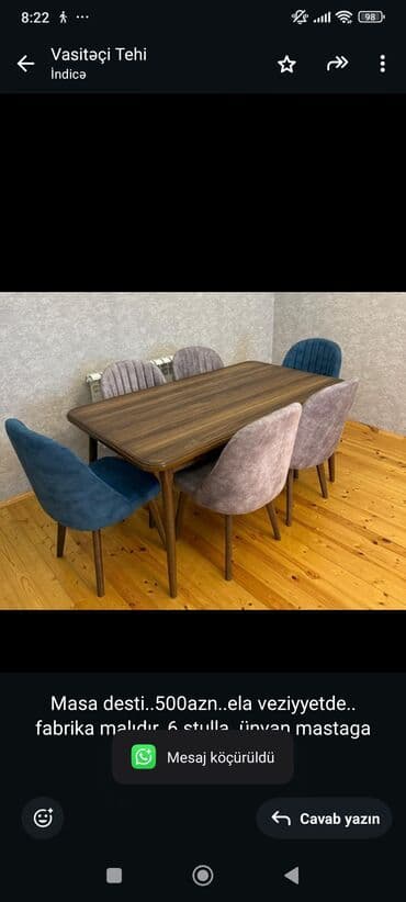 Masa desti. 500azn. ela veziyyetde. fabrika malıdır. 6 stulla. ünvan lalafo.az -da Masa desti. 500azn. ela veziyyetde. fabrika malıdır. 6 stulla. ünvan