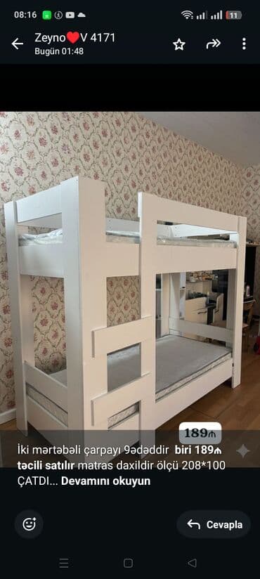 İki mərtəbəli çarpayı 9ədəddir *biri 189₼ təcili satılır* matras lalafo.az -da İki mərtəbəli çarpayı 9ədəddir *biri 189₼ təcili satılır* matras