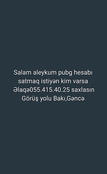 PUBG Mobile hesabı satışı üçün elan. Xüsusiyyətlər: - Oyun: PUBG lalafo.az -da PUBG Mobile hesabı satışı üçün elan. Xüsusiyyətlər: - Oyun: PUBG
